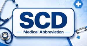 SCD medical abbreviation displayed on a blue medical sign with a stethoscope and healthcare symbols