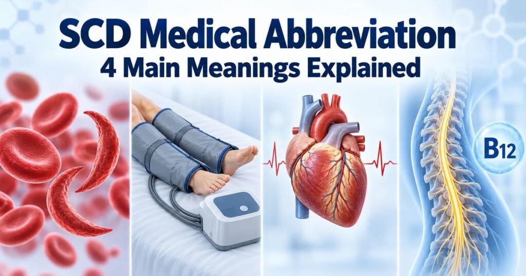 SCD medical abbreviation with sickled blood cells, compression sleeves, a heart, and a spinal cord