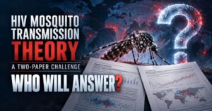 Mosquito, global map, and research papers illustrating questions about the HIV mosquito transmission theory.