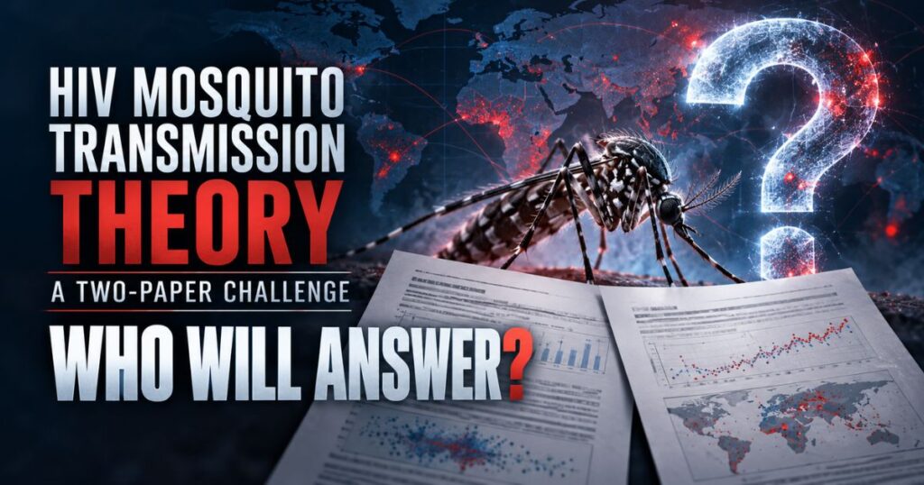Mosquito, global map, and research papers illustrating questions about the HIV mosquito transmission theory.